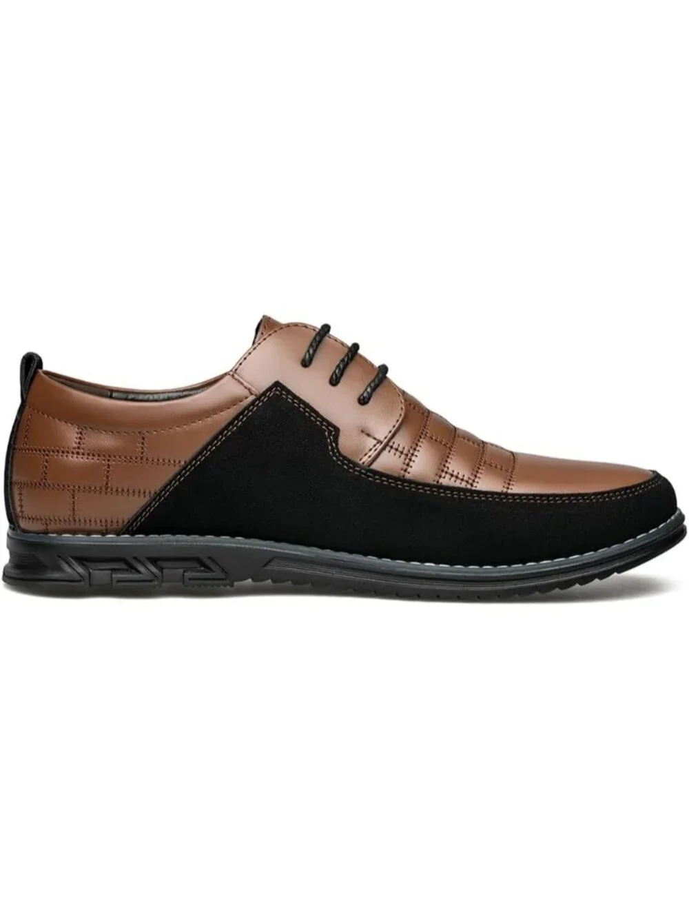 Mens Caramel Plaid Embossed Grid Leather Comfortable Hybrid Oxford Dress Sneaker